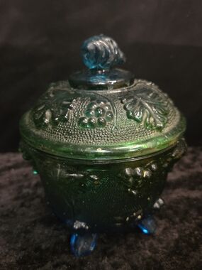 Vintage Jeanette Blue Green Flash Painted Footed Trinket Candy Dish with Lid